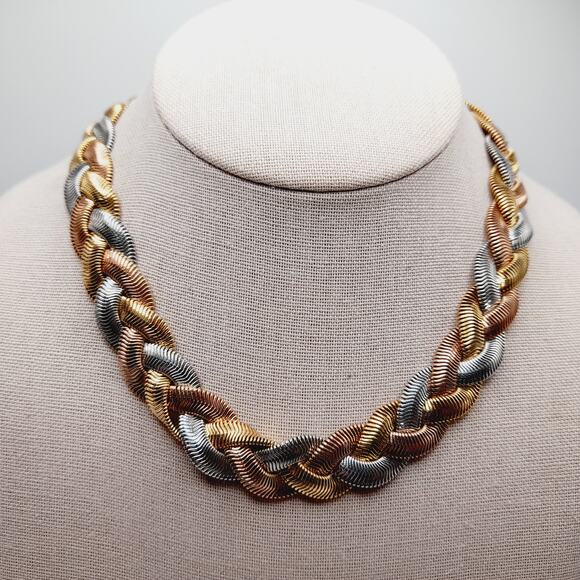 Vintage Monet 3 Tone Braided Snake Chain Necklace 16” Signed 1980s - Picture 1 of 10